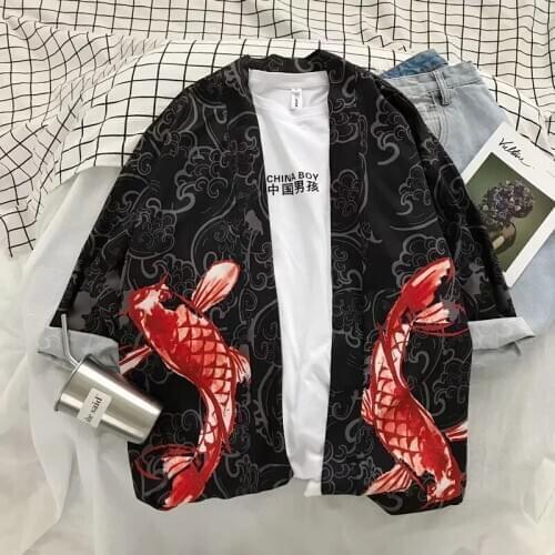 Japanese Kimono Women Costume Carp Print Loose Men Harajuku Shirts Cardigan Blouse Couple Summer Samurai Japan Coat Yukata Suits