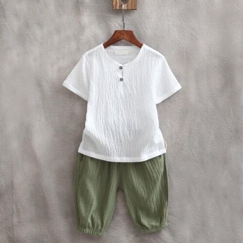 Children Outfit Suit Cotton Linen For Baby Boy Clothes Set Toddler Kids Solid Tshirt Tops Shorts 2Pcs Set Summer