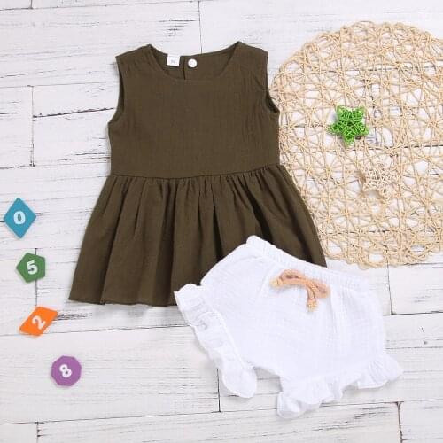 Clothing Sets Summer Girls Sleeveless Cotton Linens Casual Solid Vests Style Ruffle Dress+Shorts Two-Piece Suits 0-24Months