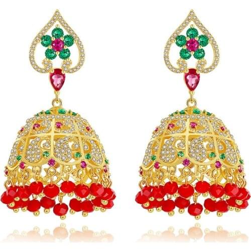 Multicolor AAA Cubic Zirconia Bell Drop Earrings for Bridal Women Party Red Beads Heart Shape Big Fashion Jewelry Gift