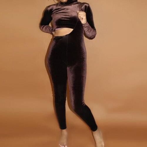 OMSJ Velvet Irregular Fashion O-neck Long Sleeve Crop Top And Overalls Leggings Bodycon 2 Pcs Sets Casual Activewear Tracksuits