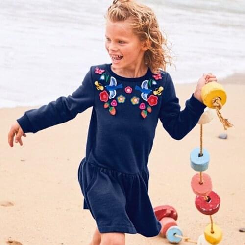 2021 Autumn Childrens Clothing Girls Flower Embroidery Long Sleeve Dresses Kid Animal Printing Cotton Casual Dress Baby Clothes