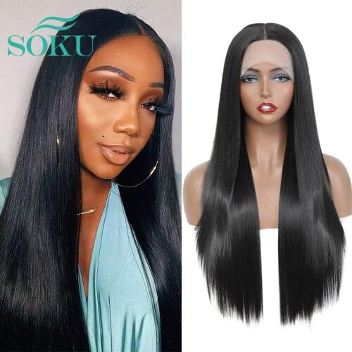 Synthetic Lace Front Wig Long Straight Wig With Baby Hair SOKU Heat Resistant Fiber Hair Natural Middle Part Wig For Black Women