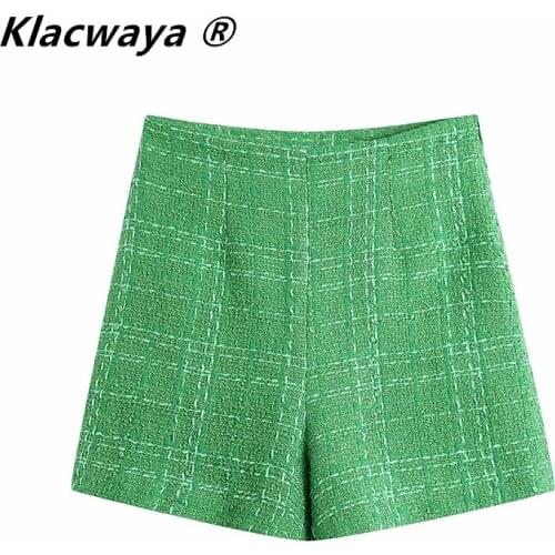 Klacwaya Womens Za 2021 Spring New Sweet Little Fragrance Apple Green Vintage Plaid High Waist Texture Casual Shorts