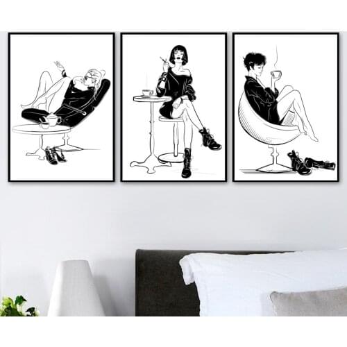 Modern Style Black and White Cool Girl Canvas Painting Wall Art Nordic Posters and Prints Wall Pictures for Living Room Decor