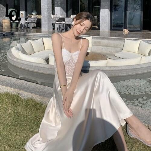 Luck A Vintage Hollow Out Long Lace Dress Vestidos Spaghetti Strap High Waist Summer Party Dress A Line Sweet Stain Lady Dress