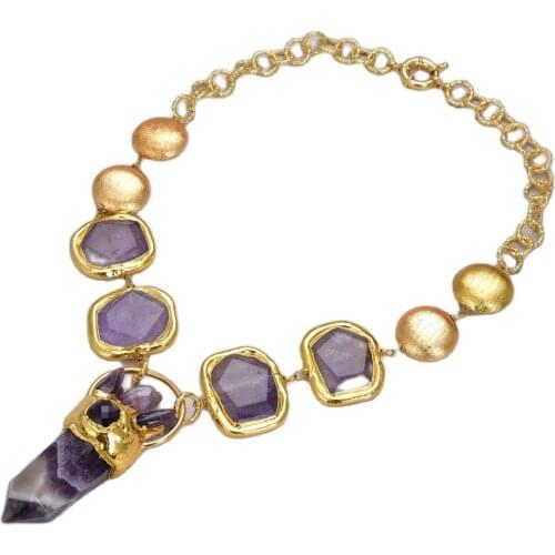 GG Jewelry Natural Amethysts Point Pendant necklace gold color plated Chain Coin Necklace hiphop for women