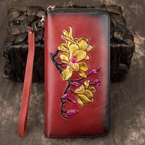 Ladies Vintage Long Hand Wallet Genuine Leather Women Wallets and Purses 2021 New Female Handmade Embossing Wallet Card Holder