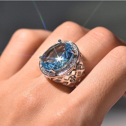 Aquamarine emerald gemstones blue green crystal zircon diamonds rings for women vintage luxury jewelry bijoux bague silver color