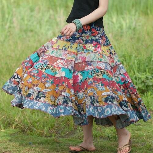 Women Loose Cotton Patchwork Elastic Waist National Style Skirts Ladies Vintage Summer Skirts Female 2020 Spliced Colorful Skirt