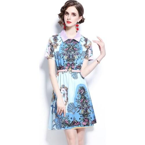 Women Summer Dresses Office Lady A-LINE Printing Knee-Length Women Dress Turn-down Collar Vintage Elegant 2021 New Women Dresses