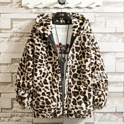 Winter lamb fur hooded jacket jacket mens leopard print cardigan casual loose cotton jacket men jacket