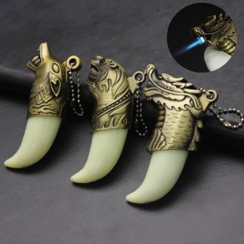1PCS Creative Torch Keychain Lighter Windproof Butane Gas Metal Dragon Tiger Wolf Head Shaped Lighters Gadgets For Men
