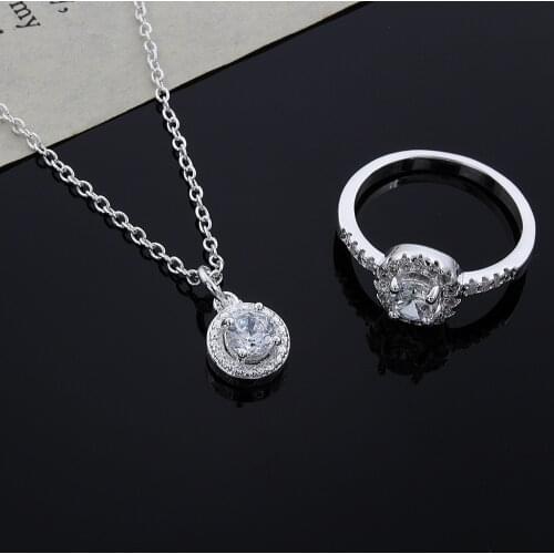 Solid cute Lover gifts silver color jewelry fashion noble women classic shiny crystal CZ necklace ring jewelry set CS06