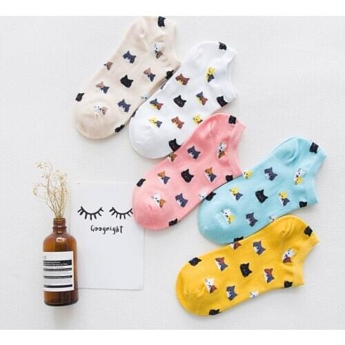 5 Pairs New Women Cotton Ankle Sock Cute Cat Comfortable Candy Color Funny Socks Casual Animal Cartoon Socks For Girls