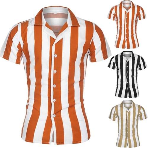 80%HOT Casual Striped Print Shirt Top Men Button Turn Down Collar Short Sleeve Blouse