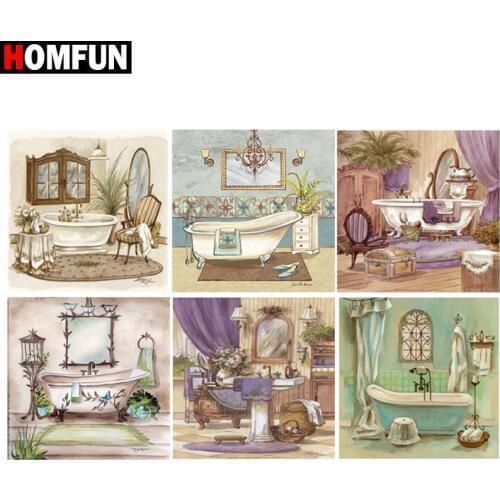 HOMFUN Full Square/Round Drill 5D DIY Diamond Painting "Bathroom Scenic Bathtub" 3D Embroidery Cross Stitch 5D Home Decor Gift