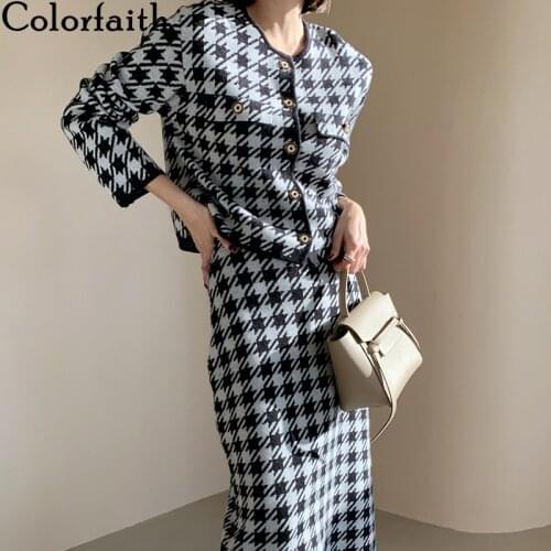 Colorfaith 2021 New Autunm Winter Women Sets 2 Piece Outfits Cardigants Matching Long Skirt knitted Checkered Lady Suits WS9858