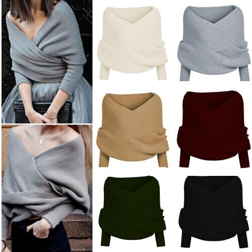 Elegant Deep V Neck Lantern Sleeve Cross Wrap Sweater Women Spring autumn OL Knitted Jumper Ladies Warm Shawl Scarves Tops