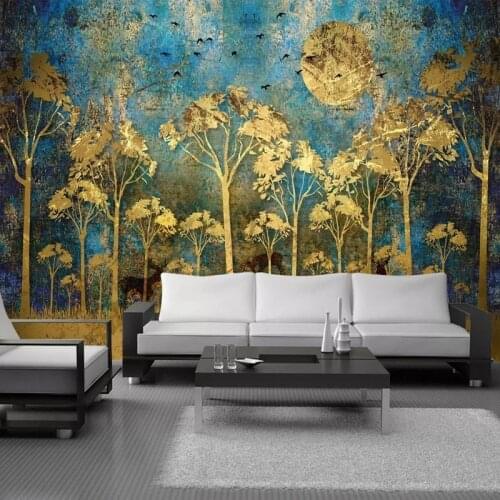 Custom Photo Wallpaper Modern Abstract Artistic 3D Golden Line Woods Flying Bird Mural Backdrop Wall Mural Papel De Parede Sala