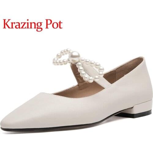 Krazing Pot genuine leather pointed toe low heels shallow ballet shoes gentlewomen energy pearl solid slip on women pumps L31