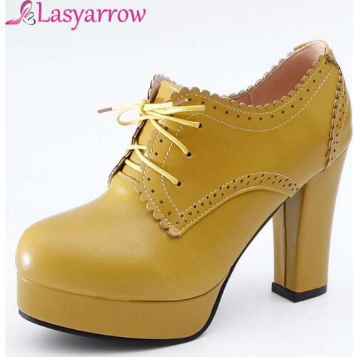 Lasyarrow Women Pumps Shoes Retro British Style Large Size 32-43 Platform Women Shoes Lace Up Square High Heels Lady Pumps Q248