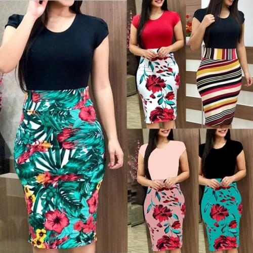 Summer Dress Women Clothing Stitching Flower Print Dresses Sexy Retro Short Sleeve O-Neck Dress For Women Vestidos Femme Robes