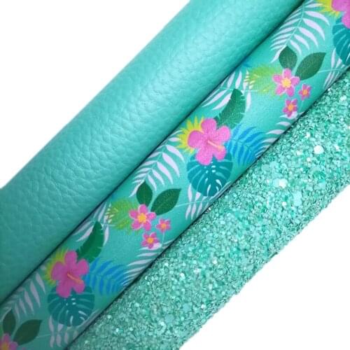 Mint Chunky Glitter leather, Flowers Printed synthetic leather, Litchi Faux Leather Sheets For Bows Earrings DIY 21x29CM KM724