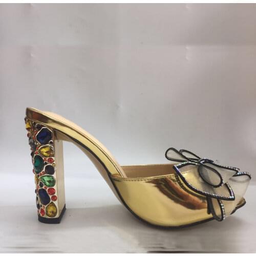 Fashion Color Jeweled Heel Dress Mules Bowtie Sandals Slippers Summer Gold High Heels Shoes Women