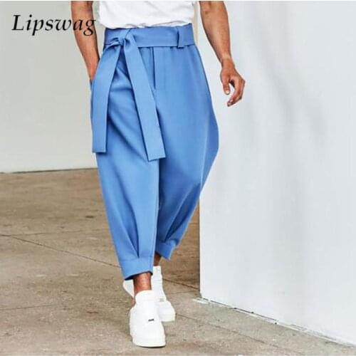 2021 Men Casual Mid Waist Loose Pants Fashion Solid Lace-up Belt Design Cropped Trousers Spring Autumn All-match Mens Streetwear