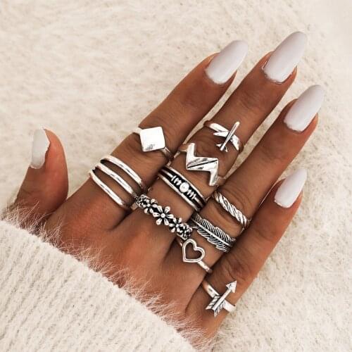 Boho Midi Finger Rings Set for Women Punk Vintage Hollow Out Sliver Color Heart Flower Plane Knuckle Rings Jewelry Gifts