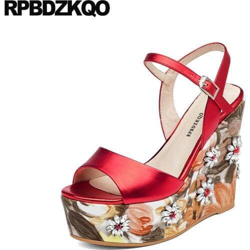 Pumps Peep Toe Jewel Wedge Red Shoes Platform High Heels Floral Print Flower Fetish Women Two Strap Sandals Rhinestone Wedding