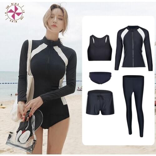 In The Wind 2021 New Women Sexy Long Sleeves Surfing Suit Patchwork Padded Sport Swimwear Zipper Rashguards Summer Beach Suits