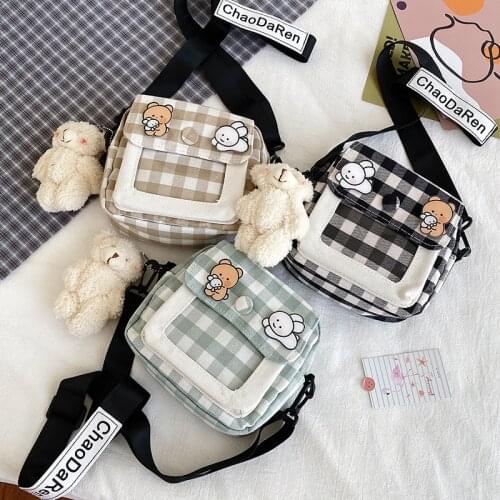 New Cartoon Plaid Canvas Crossbody Girls Small Daily Mobile Phone Bag Zipper Shoulder Pouch Purses Messenger Casual Satchel