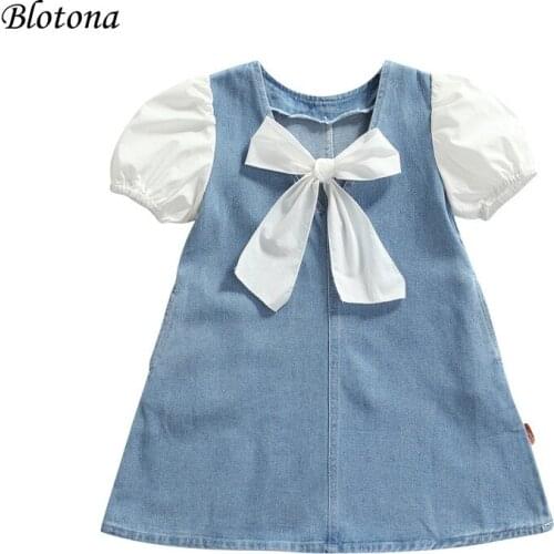 Blotona Lovely Kids Dress, Girls Bowknot V-Neck Short Puff Sleeve Stitching Denim Skirt for Summer, Blue