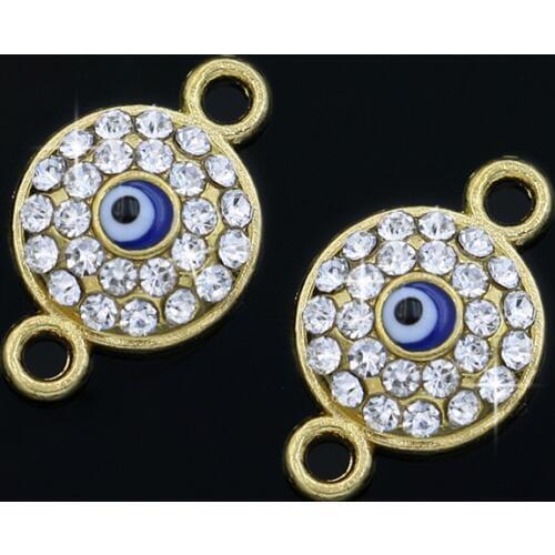 JAKONGO Gold Color Evil Blue Eye Crystal Charm Connector Pendants for Jewelry Making Bracelet DIY Handmade Craft 17x11mm
