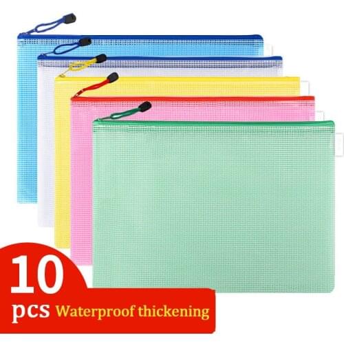 10pcs Mesh Zipper Pouch Document Bag Waterproof Zip File Folders A4 A5 A6 School Office Supplies Pencil Case Storage Bags