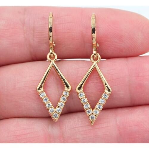 Gold Color Women Fashion Clear White Zirconia CZ Geometric Lozenge Dangle Earrings Jewelry