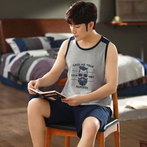 120KG Plus Size 100%Cotton Pajamas For Men 2 Piece Set Summer Comfortable Soft Homewear Mens Casual Sleeveless Vest With Shorts