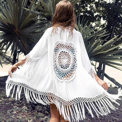 2020 Crochet White Tassel Chiffon Hollow Beach Cover up dress White Tunic Long Pareos Bikinis Cover ups Robe Plage Beachwear