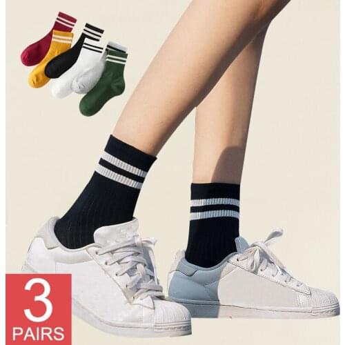 3 Pairs Spring Socks Women Korean Style Version of The Two Bars Striped Harajuku Long Cute Crew Rainbow Cotton White Socks