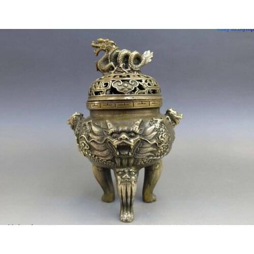 China brass copper carved fine lucky five dragon Incense burner censer Statue