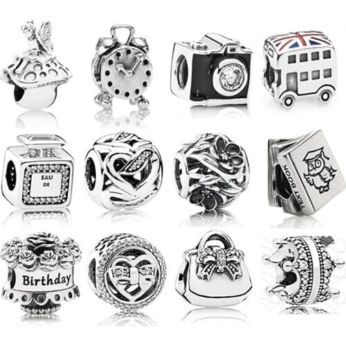 1:1 S925 925 Sterling Silver Glamour Vintage Alarm Clock, Camera and Car, Happy Birthday, Sweet Music Glamour Fashion Jewelry