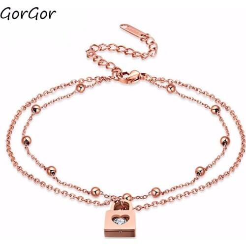 GorGor Korean Style Simple Anklet Mori Woman Girlfriend Love Lock Double-layer Foot Chain Titanium Steel Rose Gold TZ051