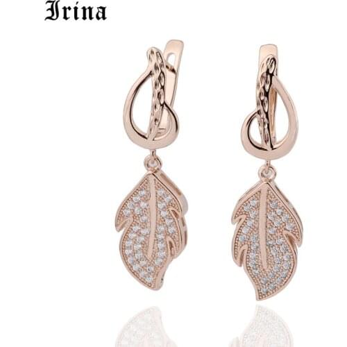 Irina New Women Wedding Party Luxury Jewelry 585 Rose Gold Leaf Micro Wax Inlay Zircon Long Irregular Earrings