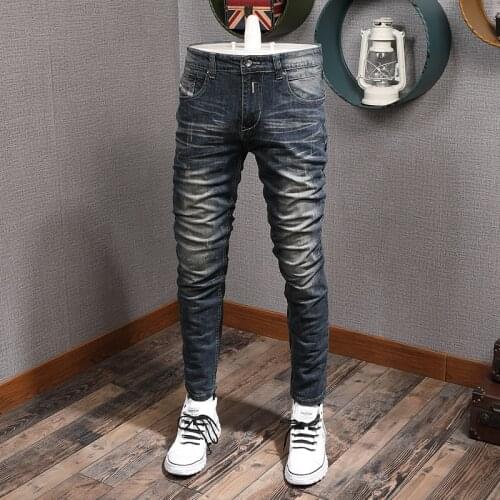 Italian Vintage Fashion Men Jeans High Quality Retro Blue Elastic Cotton Slim Ripped Jeans Men Distressed Designer Denim Pants