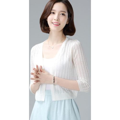 2021 New Women Summer Hollow Out V-Neck Knitted Sunscreen Cardigan Women Thin Small Coat Open Stitch Elegant Knitwear Tops L166
