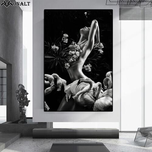 Canvas Painting wall art Flower woman flamingo black and white poster and Prints Nordic Room Decoration Animal Oil Painting