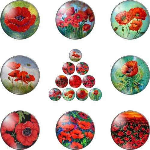 Beauty Red Poppy Flowers Gorgeous Round Photo Glass Cabochon Demo Flat Back Making Findings Handmade DIY Accessories