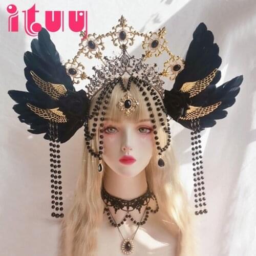 Lolita Black Angel Wings Chain Pearl Pendant Halo Spiked Headdress Gothic Crown Gold Sunburst Halo Fashion Goth Headpiece